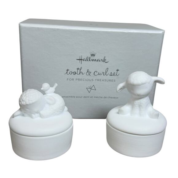 Hallmark Keepsake First Tooth & Curl Set Ceramic Little Lamb Trinket Boxes 2.5" - Picture 1 of 13